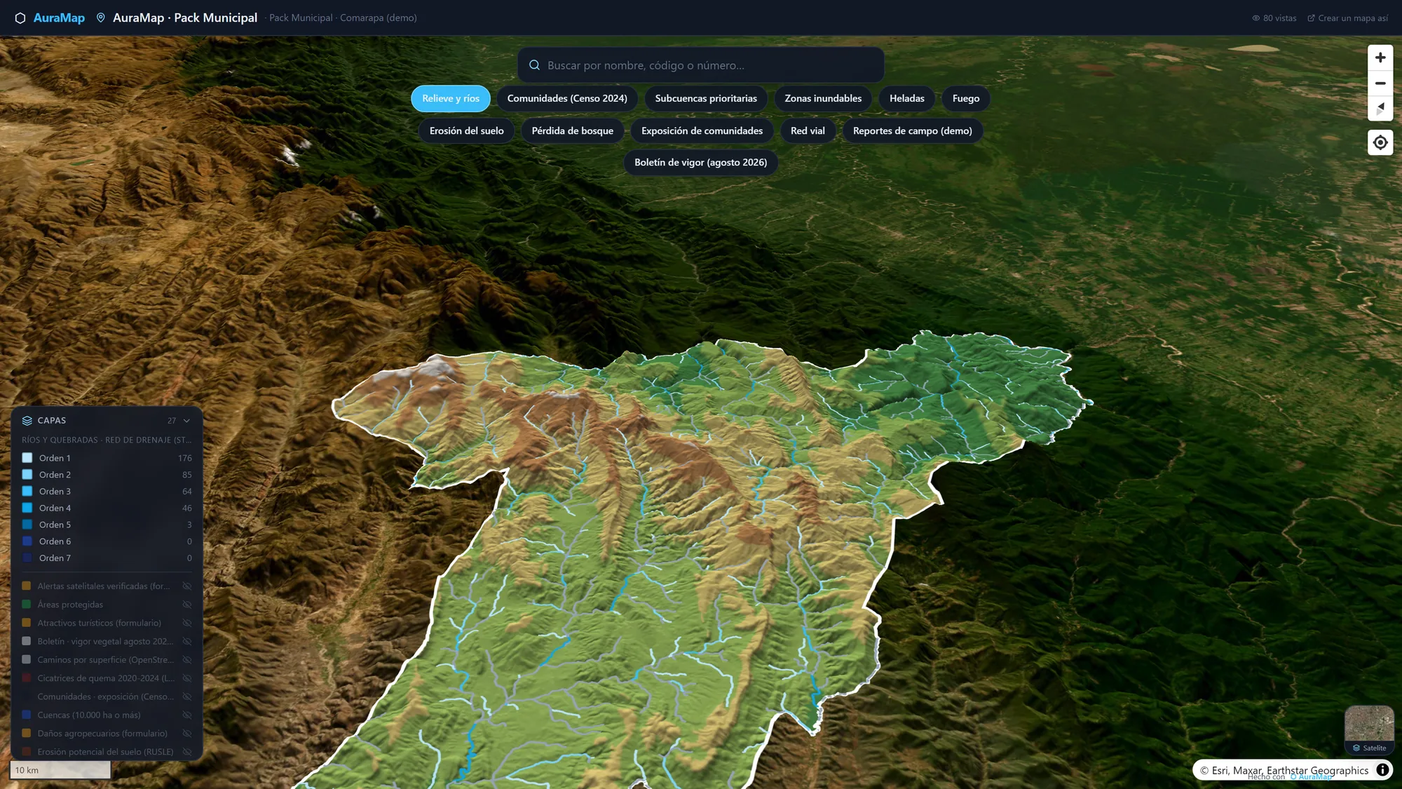 AuraMap — Municipio de Comarapa en 3D con relieve y red de ríos