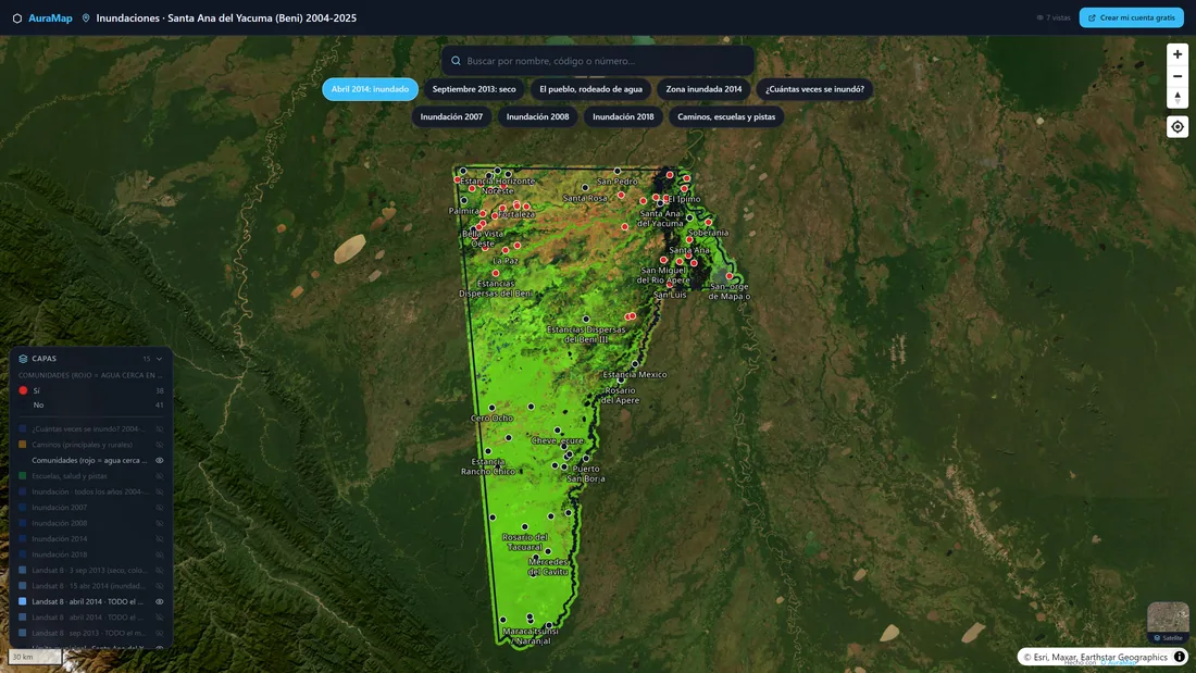 Zona inundada en Santa Ana del Yacuma con imagen Landsat de 2014