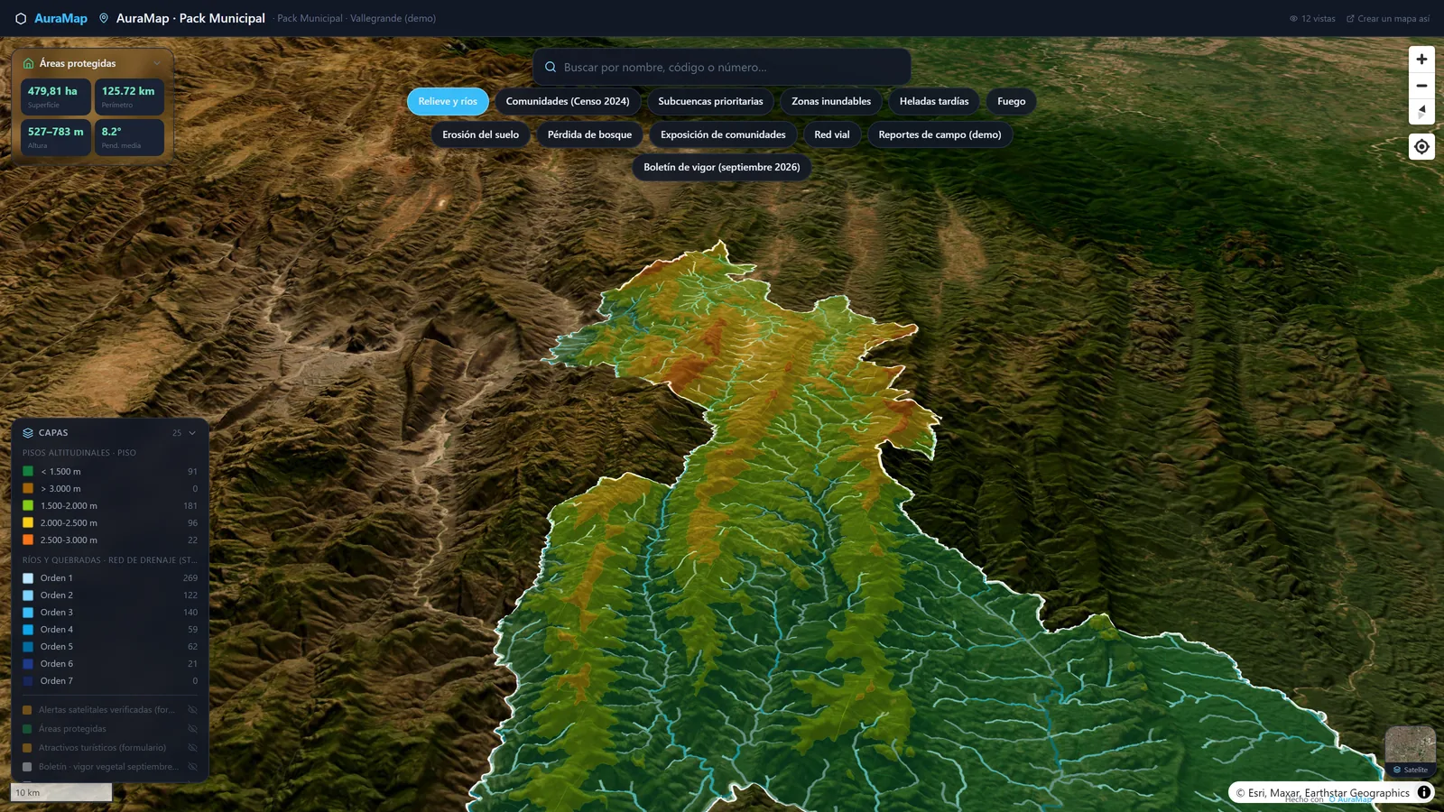 Vallegrande en 3D con pisos altitudinales y ríos sobre imagen satelital