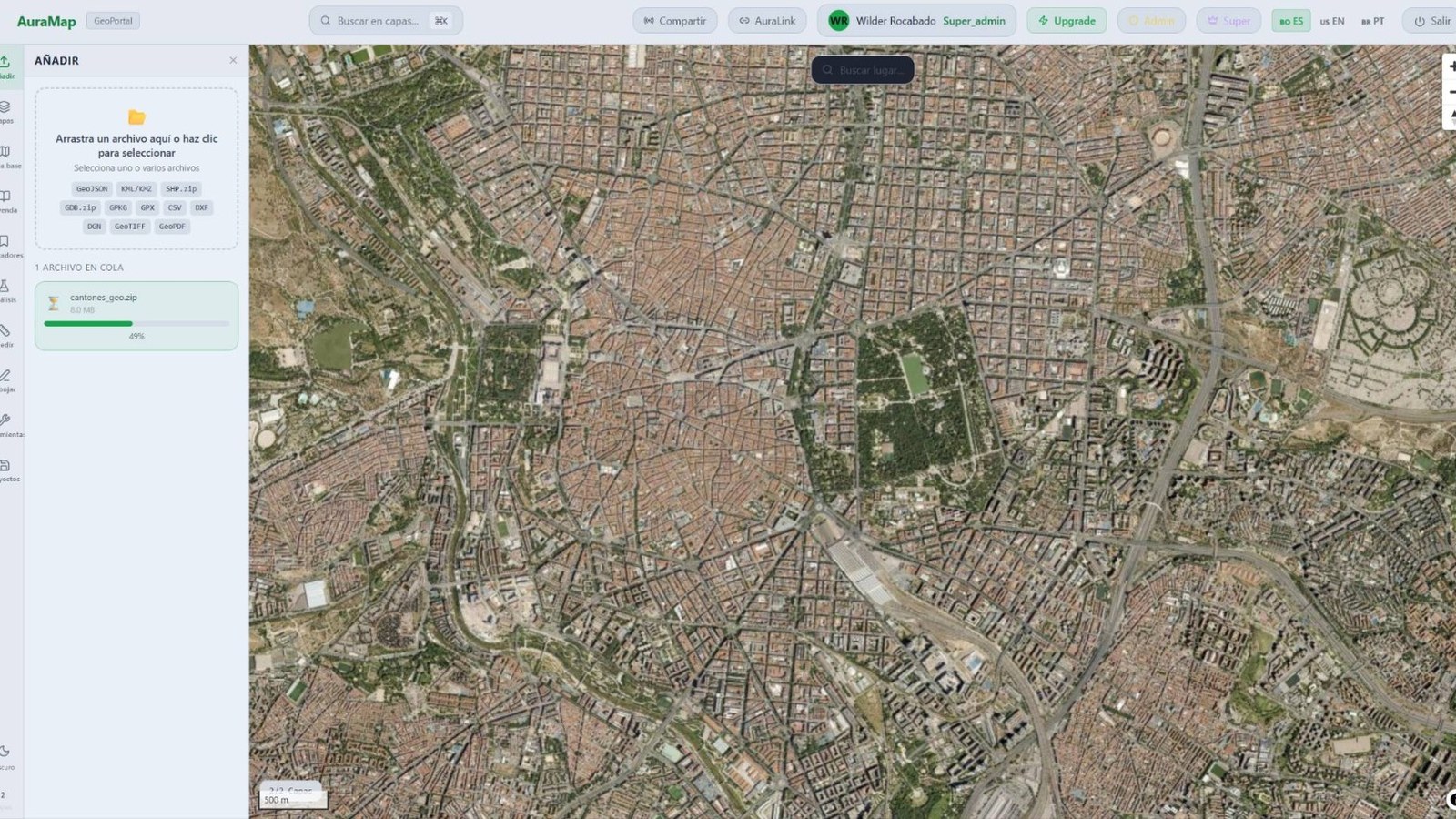 Vista satélite con capas vectoriales